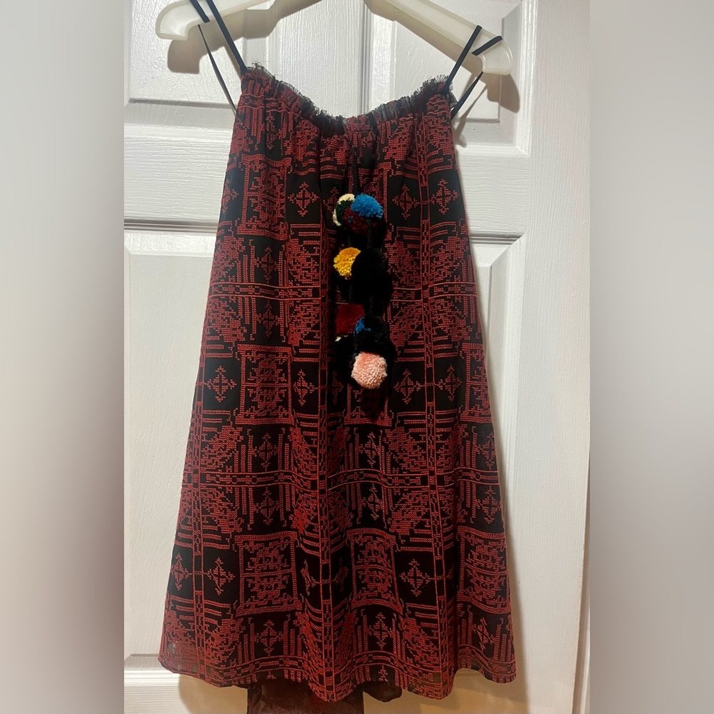 Red Carter calypso Embroidered dress with Pom Poms